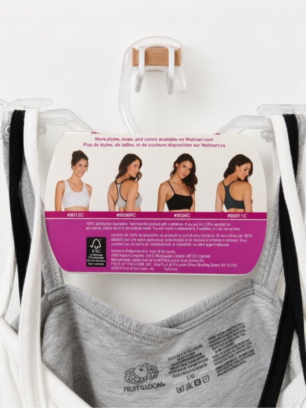 Fruit of the Loom Womens 42 Cami Strap Sports Bra 3 Pack Black White Gray Cotton - Picture 5 of 6